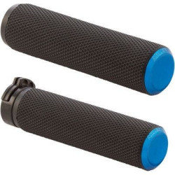 PartzBiz HD AN07-335 - Arlen Ness 07-335 Fusion Knurled 1" Handlebar Grips w/ Blue End Cap Harley 76-Up