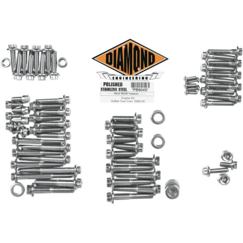 PartzBiz HD: 4421853-Diamond Engineering 12 Point Polished Stainless Steel Engine Bolt Kit Softail 00-06 | PB604S