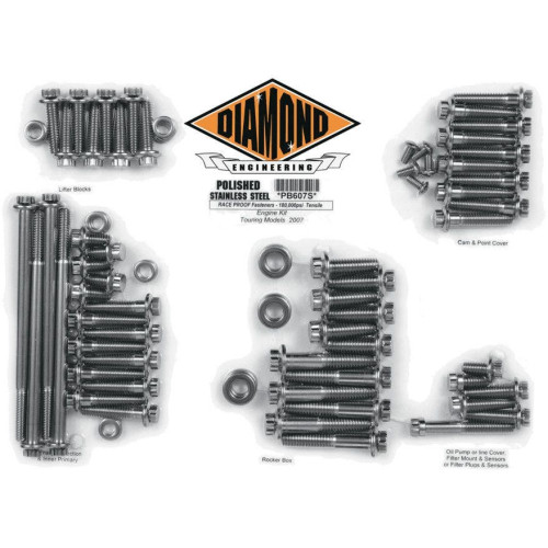 PartzBiz HD: 4421856-Diamond Engineering 12 Point Polished Stainless Steel Engine Bolt Kit FLH 07-15 | PB607S