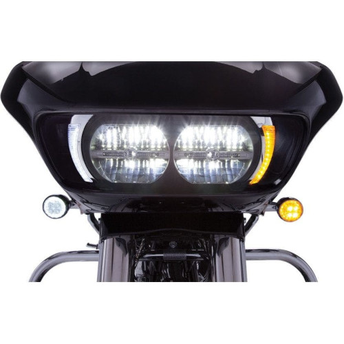 PartzBiz HD: 4420965-Ciro 45250 Chrome LED ไฟหน้า Fang Bezels w/สัญญาณไฟเลี้ยวสีเหลืองอำพัน Harley 15-20 FLTR
