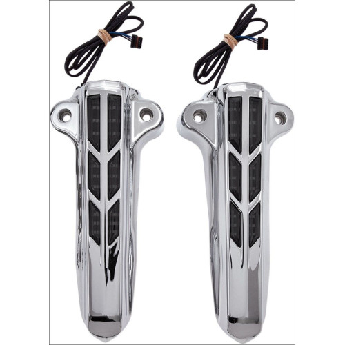 PartzBiz HD: 4420969-Ciro Chrome ฝาครอบตัวเลื่อนขาท่อนล่างพร้อมไฟ LED สีเหลืองอำพันสำหรับ Harley Touring FLH/T 14-16 | 43001
