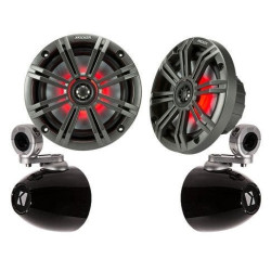 PartzBiz HD DS44050599 & DS44050592 - Kicker 45KM44 4" Coaxial Speakers 4-Ohm 50W w/ Round Speaker Clamp On Enclosures Harley Davidson Handlebars tube Mount Bar Speakers radio Stereo audio sound system upgrade 4 inch motorcycle utv atv boat waterproof outdoor