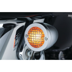 PartzBiz HD KA6516 - Kuryakyn Chrome Mesh Bullet Turn Signal Bezels เลนส์สีเหลืองอำพันสำหรับ Harley | 6516