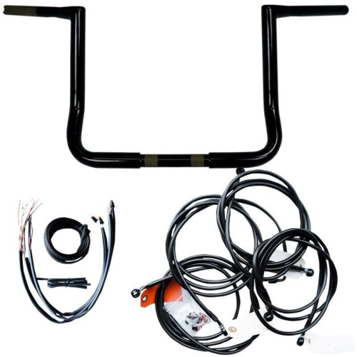 PartzBiz HD: 4411700-LA Choppers Black 12" Twin Peaks Ape Hanger Handlebar Package w/ Cables FLHX 16 | LA-7361KT2-12B
