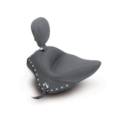 PartzBiz HD: 4408476-Mustang Seat Wide Chrome Studded Solo Seat w/ Backrest Harley Softail FXS & FLS | 79740