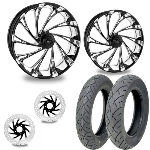 PartzBiz HD: 4407014-PM Del Rey Contrast 21/18 ชุดล้อหน้าหลังชุดยางโรเตอร์ Harley FLH/T