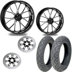 PartzBiz HD Heathen_Contrast_2Wheels_2Rotor_2Tires - PM Heathen Contrast 21/18 ชุดแพ็คเกจล้อหน้าหลังยางโรเตอร์ Harley FLH/T