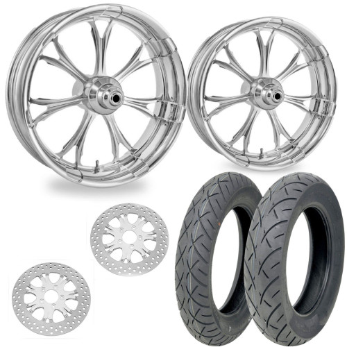 PartzBiz HD: 4406994-PM Paramount Chrome 21/18 ชุดแพ็คเกจล้อหน้าหลังยางโรเตอร์ Harley FLH/T
