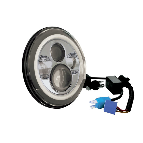 PartzBiz HD: 4403181-ไฟหน้า LED Daymaker Style 7 นิ้วสีเงินพร้อม Halo 11003 94-17 Harley Touring Softail