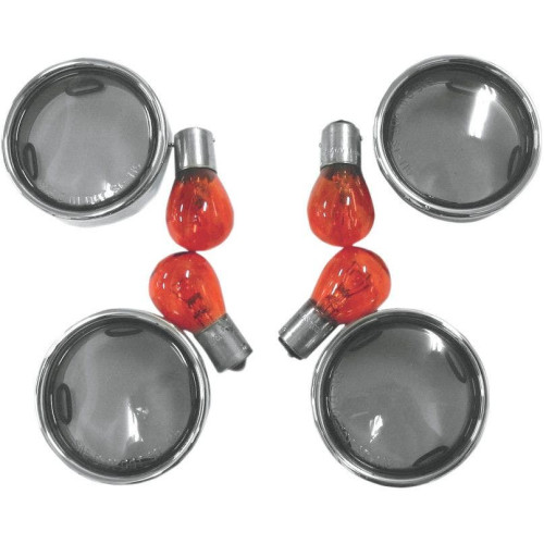 PartzBiz HD: 4403112-Smoke Bullet Turn Signal Lens Kit With Chrome Trim Rings 00-14 Harley Models 2020-0392