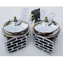 PartzBiz HD MW16-17 - Ultima 16-17 Chrome Plated 12V Universal Air Horn 107 dB Harley หรือการเปลี่ยนแบบกำหนดเอง oe honk ที่ดีที่สุดสำหรับความปลอดภัยทางไฟฟ้า