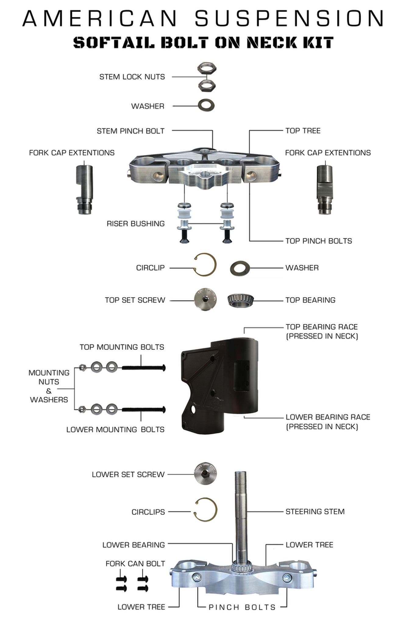 PartzBiz HD 4424666 - น็อตช่วงล่างแบบอเมริกันคอสั้นและล้อ 26” Harley Softail 00-07